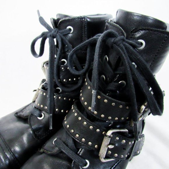 SOLD FRYE Black Leather 'Samantha' Studded Combat Biker Moto Boots -9 1/2 - Picture 6 of 15